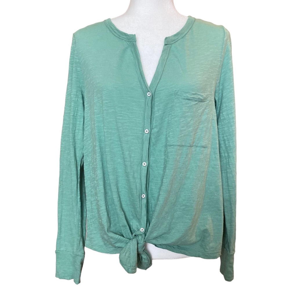 Caslon Women’s tie front long sleeve V-neck button down slub cotton top, Sz XS - Picture 2 of 13